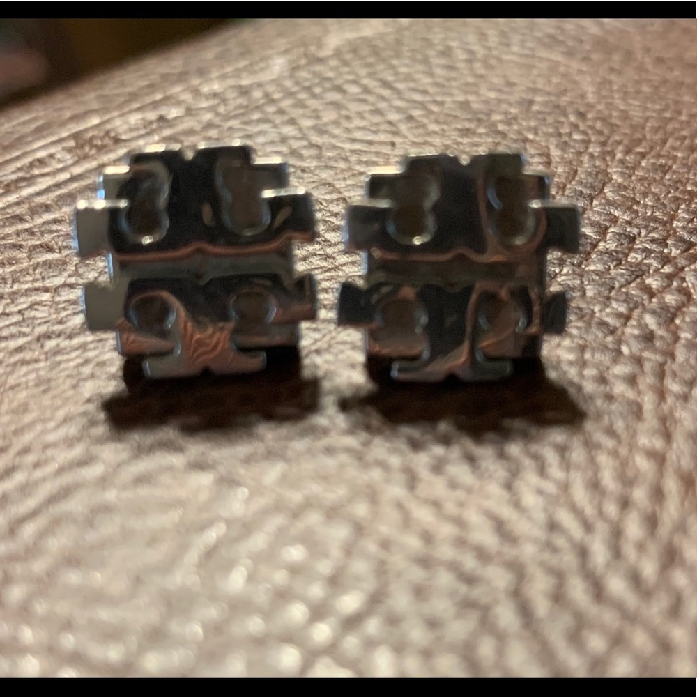 Tory Burch Stud Silver Logo Earrings